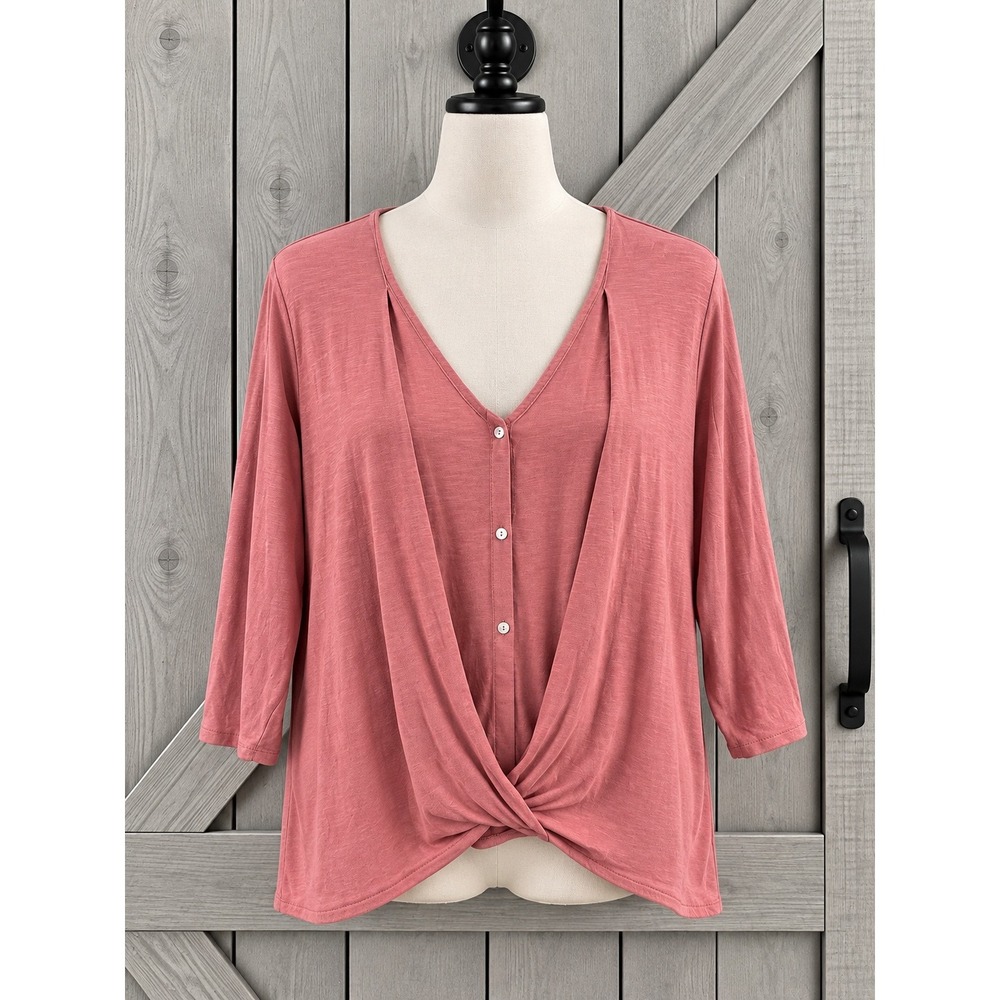 Pure Jill Cotton Cross-Front Top 4X Pink 3/4 Sleeve V-Neck Twist Hem